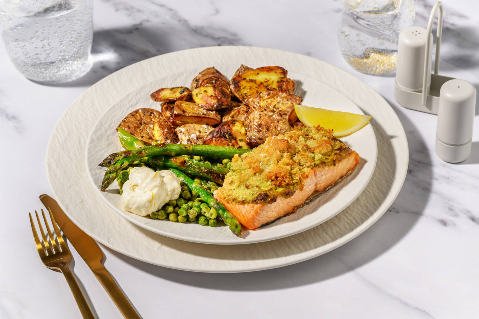 Creamy Pesto Baked Salmon and Herby Smashed Potatoes