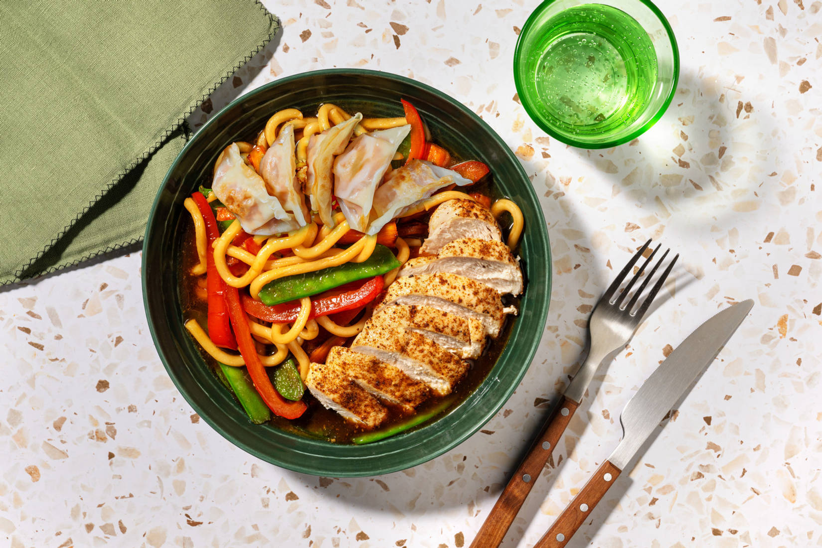 Vegetable Gyozas & Teriyaki Chicken Udon Traybake