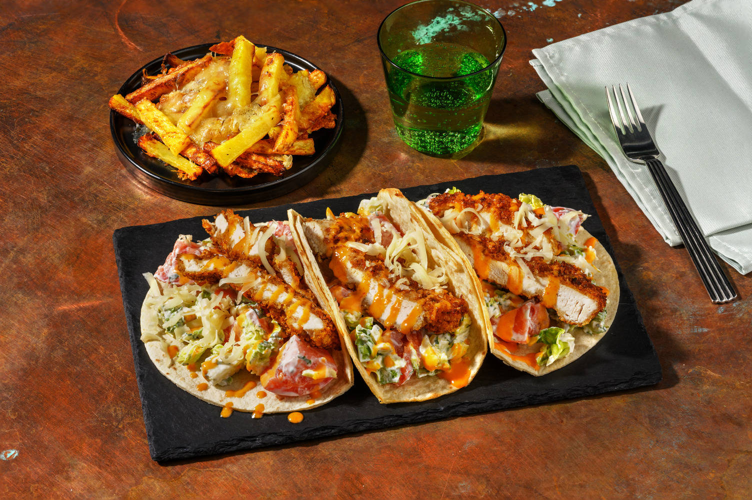 Crispy Buffalo Chicken Tacos and Cheesy Chips