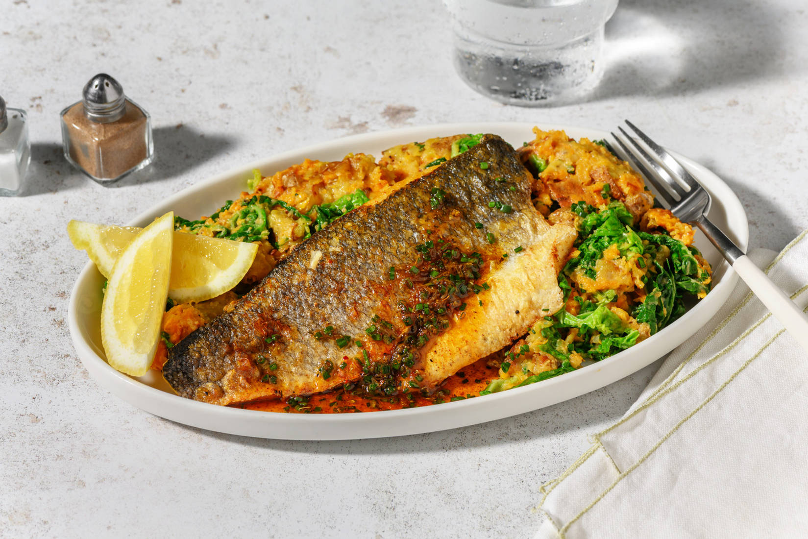 Cajun Spiced Basa and Chive Dressing