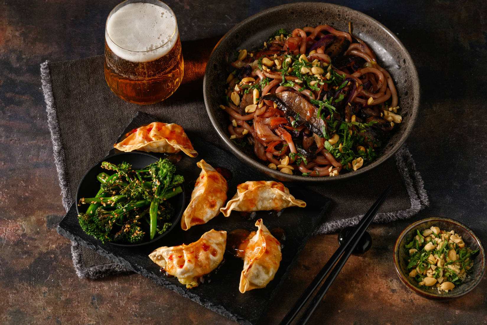 Char Siu Udon and Sweet Chilli Veggie Gyozas