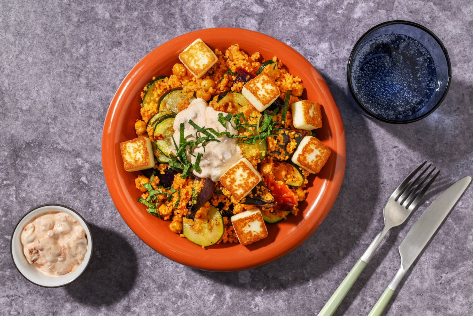 Spicy Veg, Chickpea and Couscous Halloumi Salad 