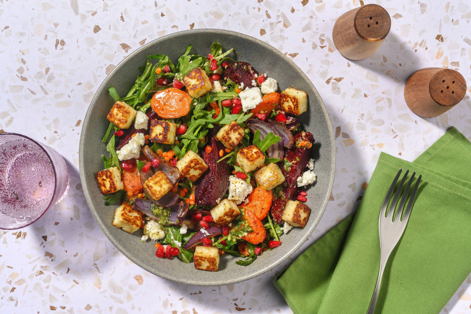Warm Halloumi, Beetroot, Carrot and Pomegranate Salad
