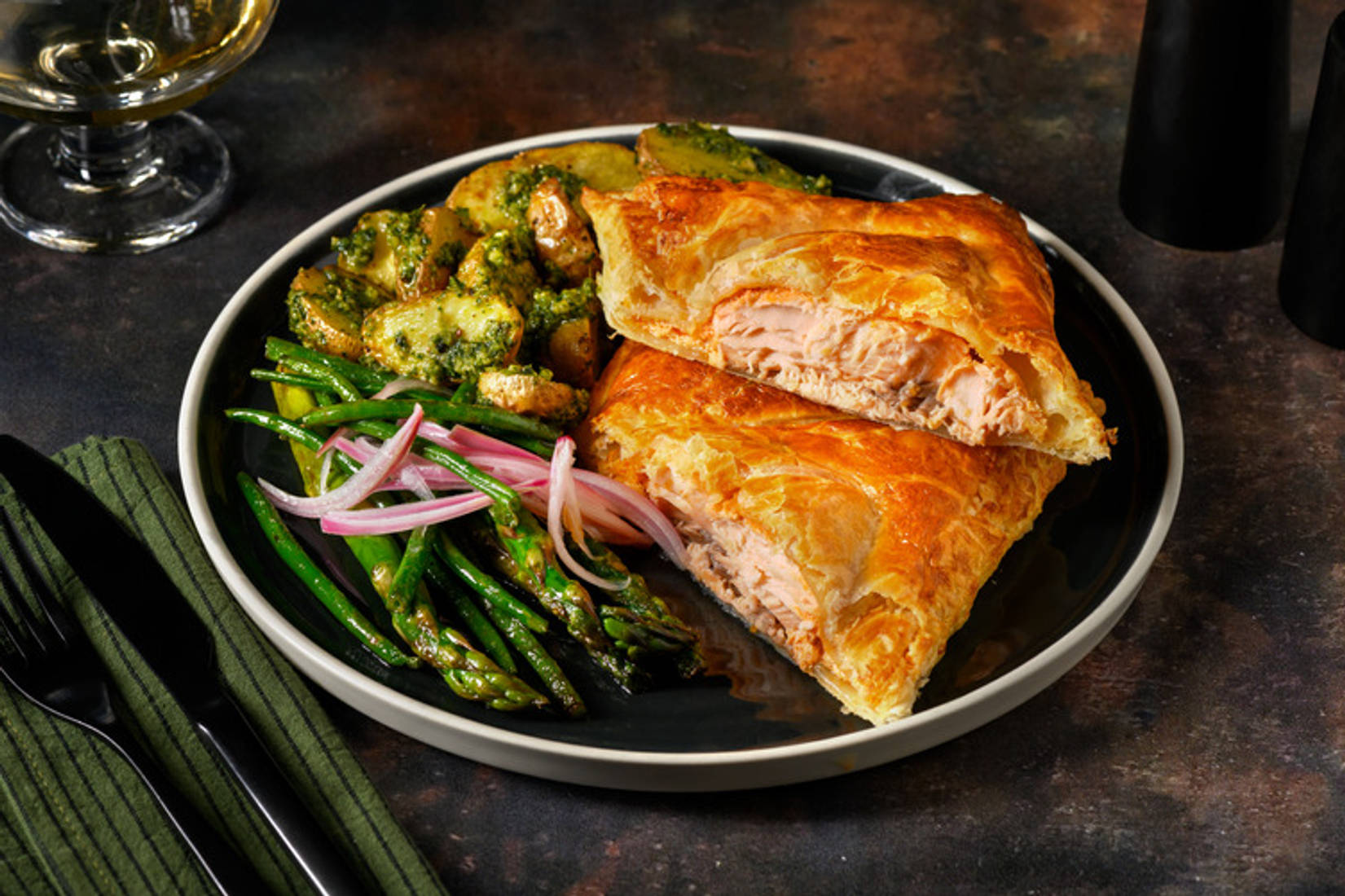 Summer Sun-Dried Tomato Salmon en Croute and Pesto Potatoes