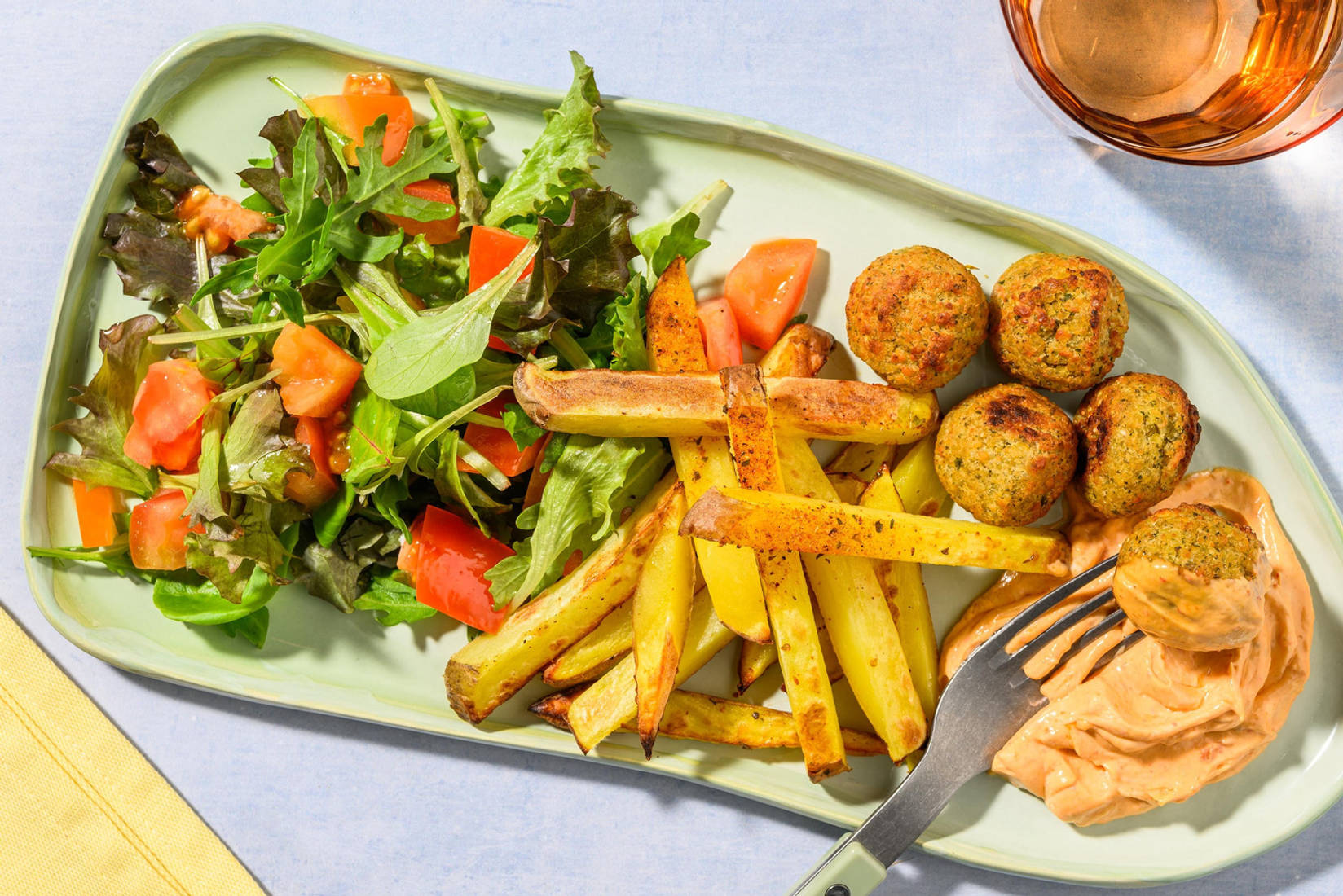 Sticky Glazed Falafels and Seasoned Chips
