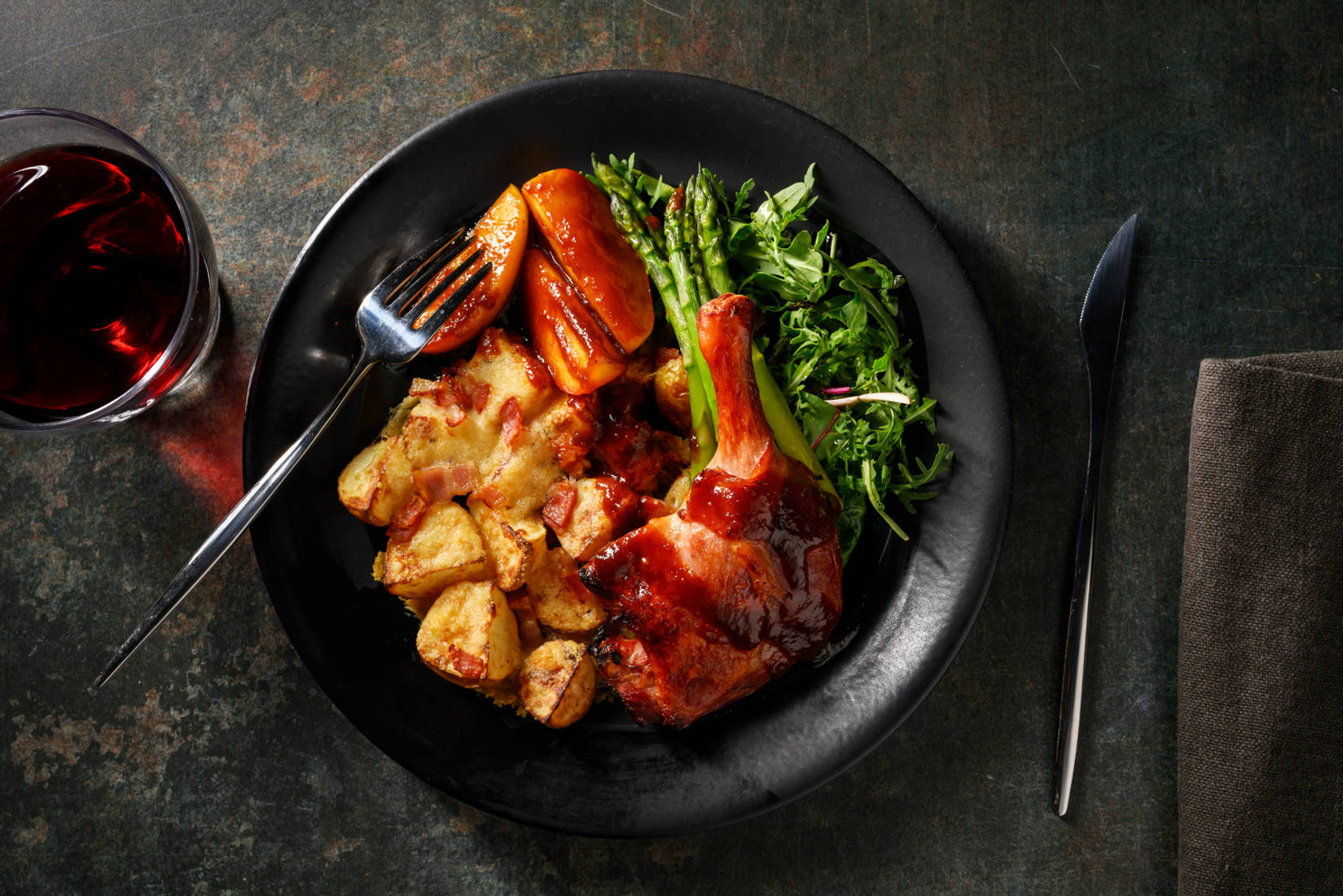 Duck Leg Confit and Cheesy Bacon Potatoes