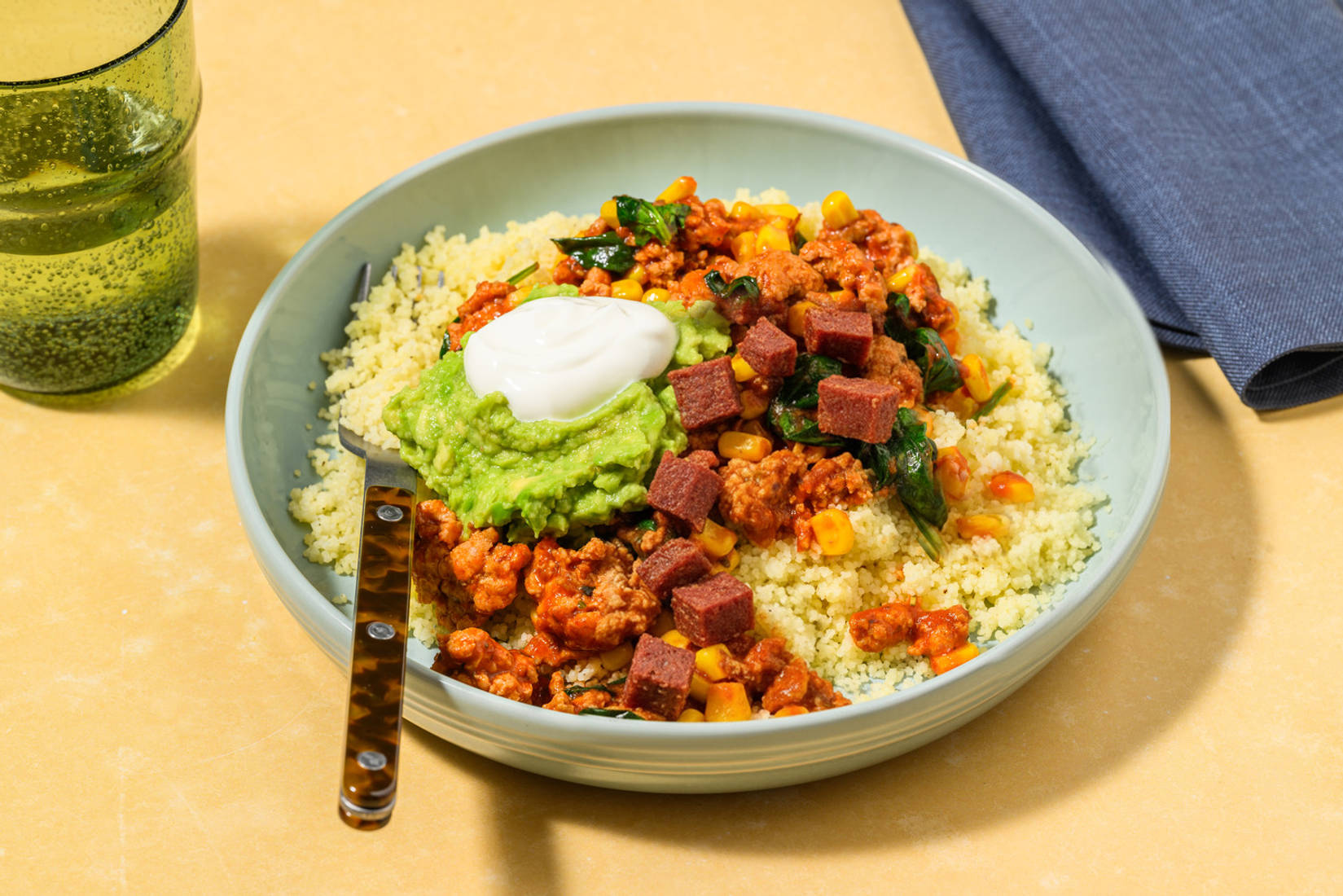 Super Quick Chipotle Pork and Chorizo Couscous Bowl