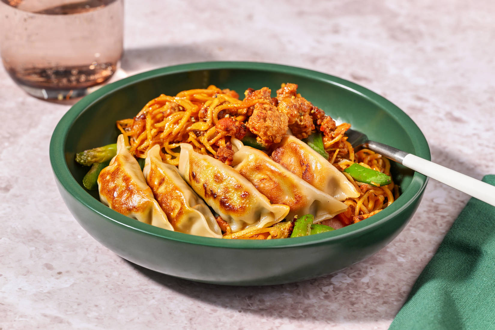 Easy Peasy Thai Inspired Pork Noodle and Veggie Gyoza Stir-Fry