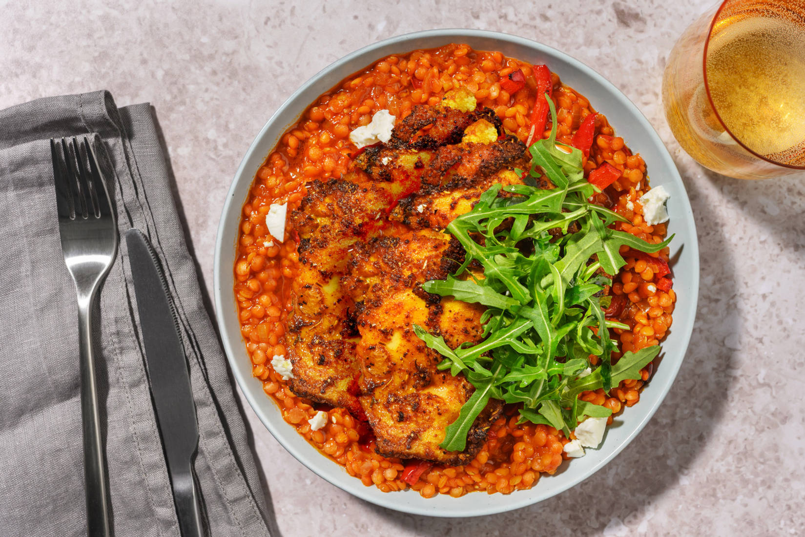 Double Chermoula Chicken on Caramelised Onion Lentils 