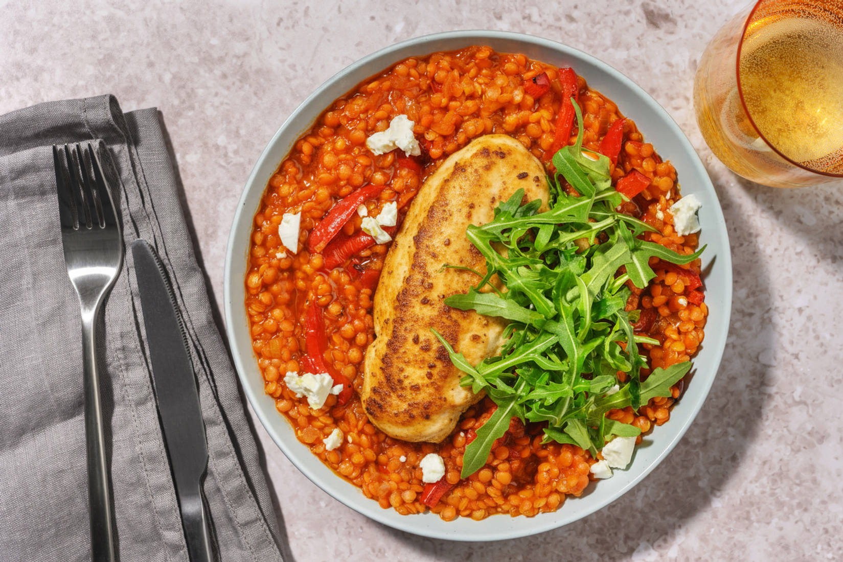 Chermoula Chicken Breast on Caramelised Onion Lentils 
