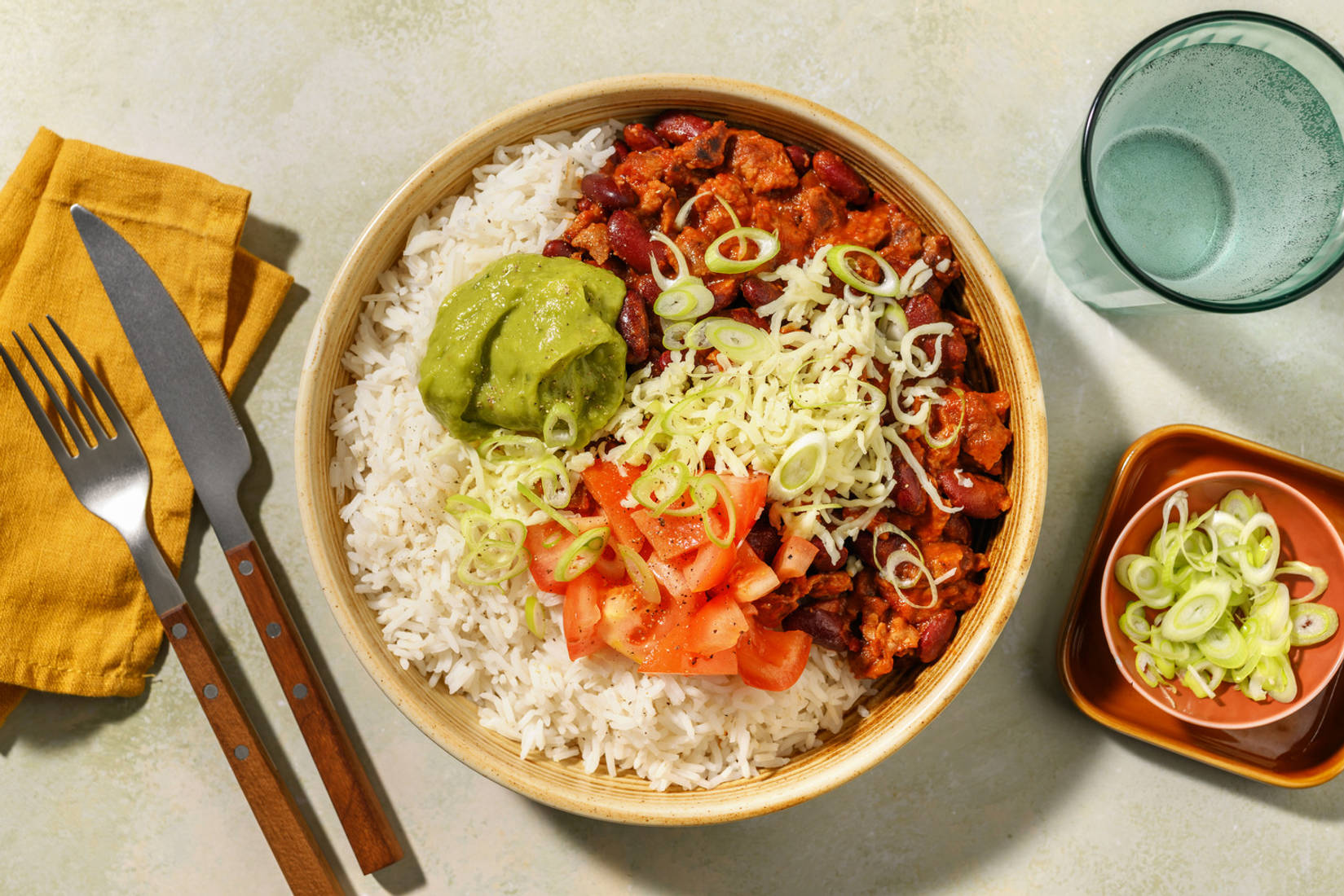 Meat-Free Mince Chilli non Carne Loaded Rice Bowl
