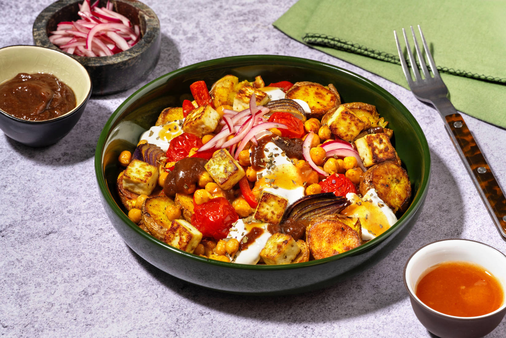 Aloo Chaat Inspired Loaded Halloumi Potatoes