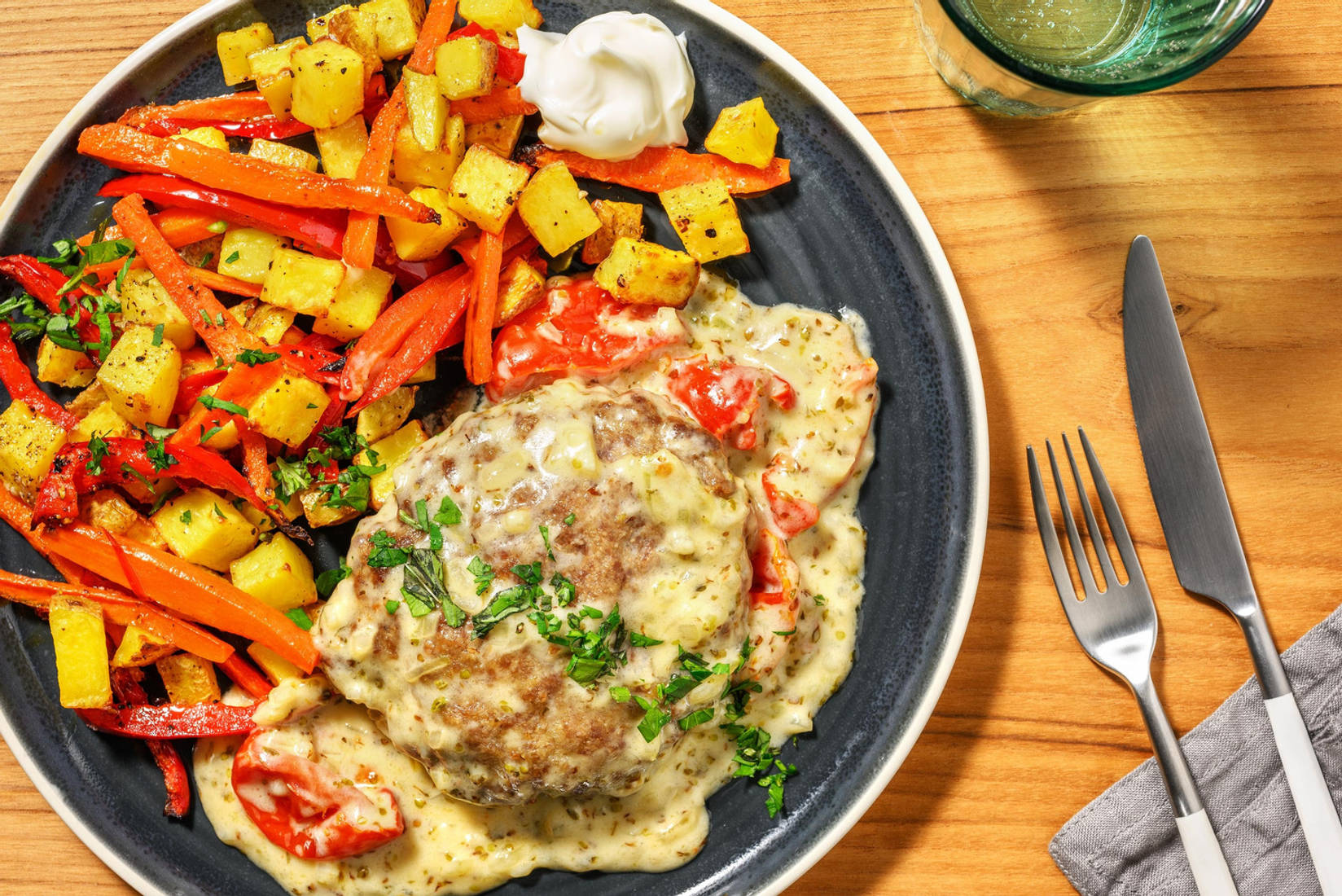 Burger en sauce crémeuse à la tapenade de tomate