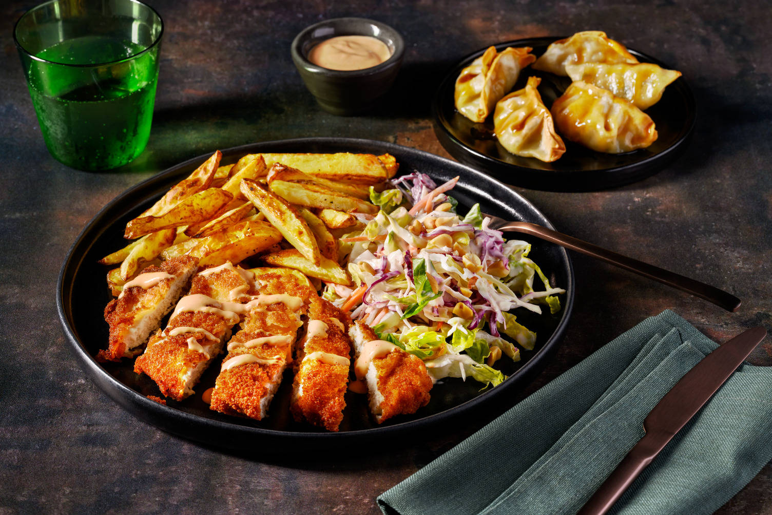 Sesame Fried Chicken and Teriyaki Gyozas