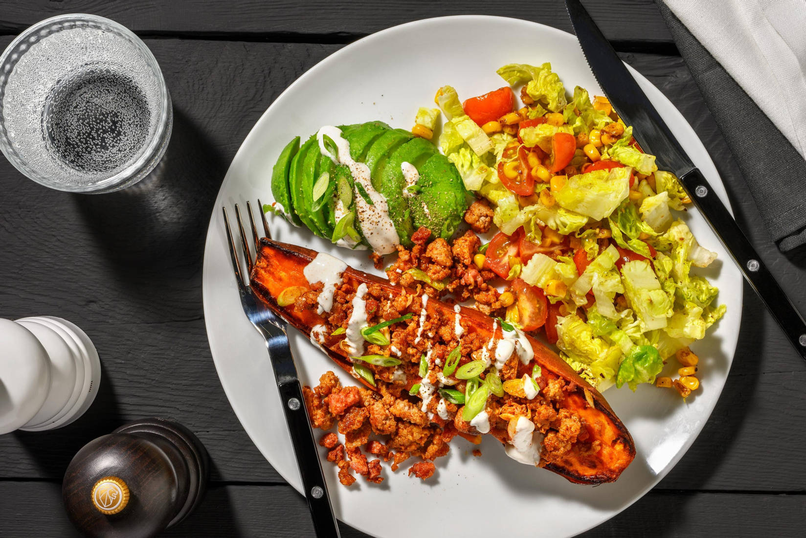 Patate douce aux lardons et crème aigre fumée