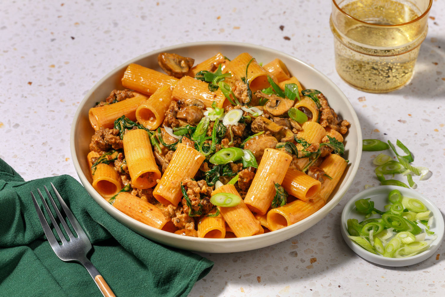 Quick Gochujang Bacon, Beef and Chestnut Mushroom Rigatoni