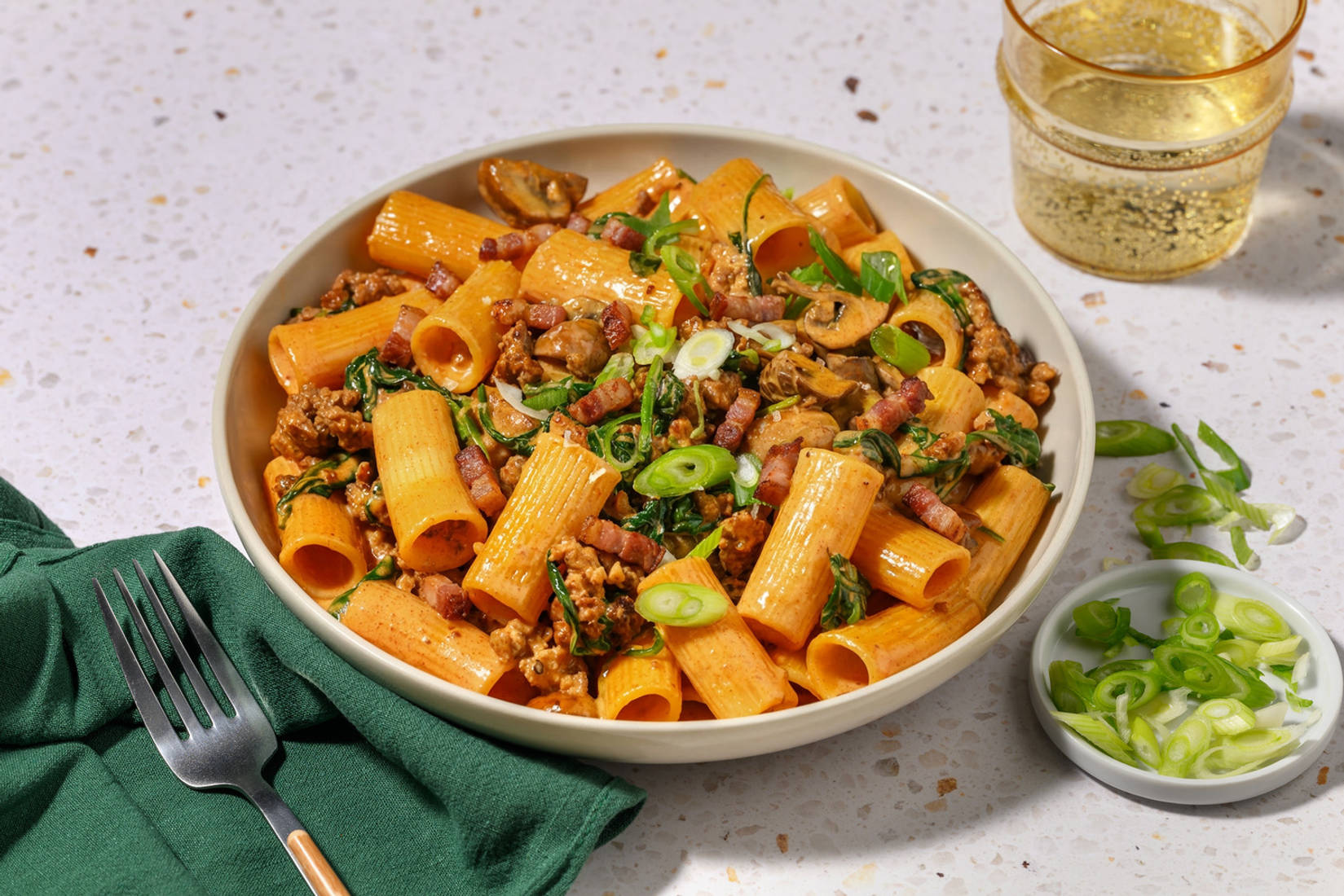 Quick Gochujang Bacon, Beef and Mushroom Rigatoni