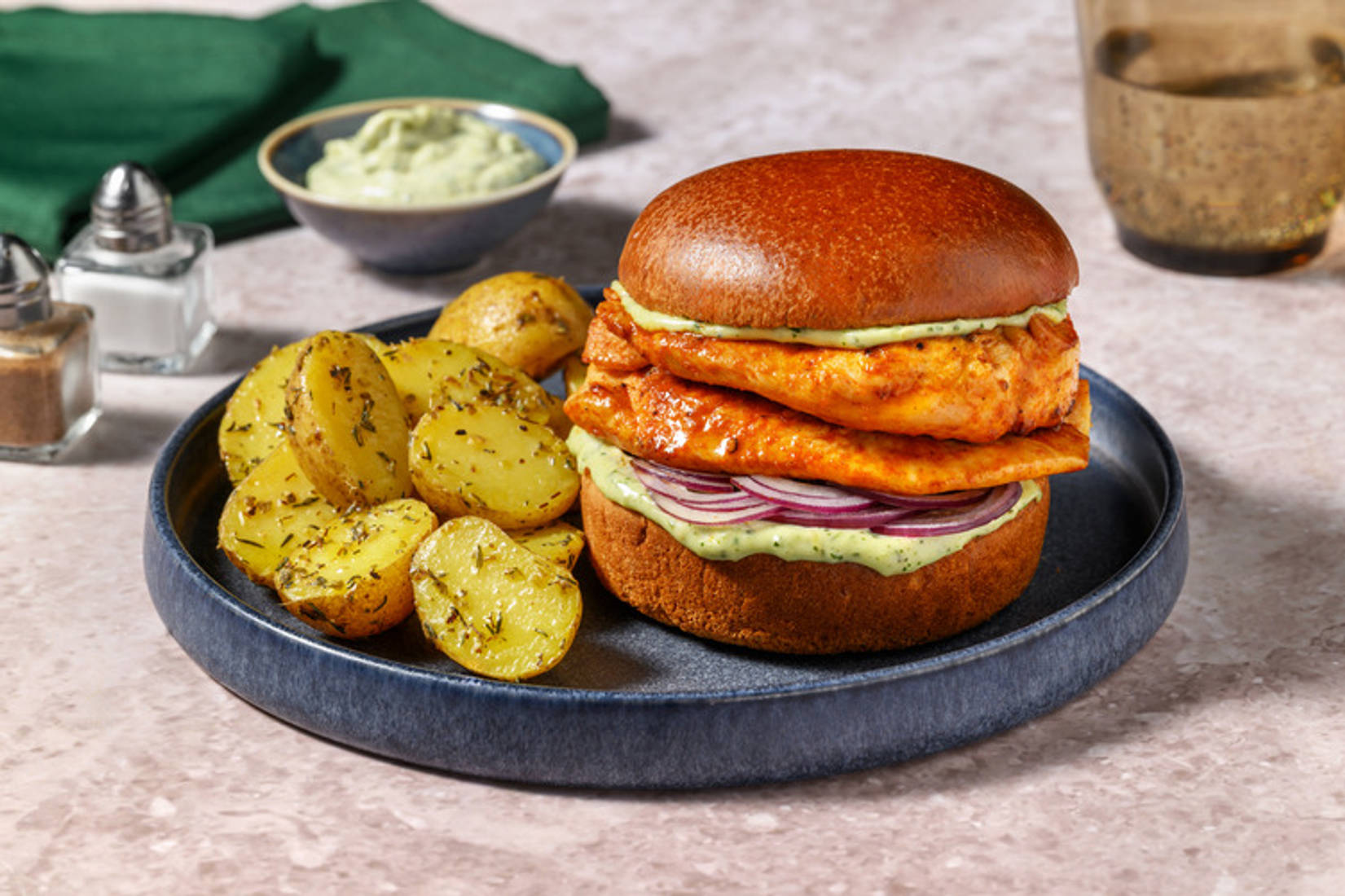 Paprika Chicken Burger and Herby Potatoes