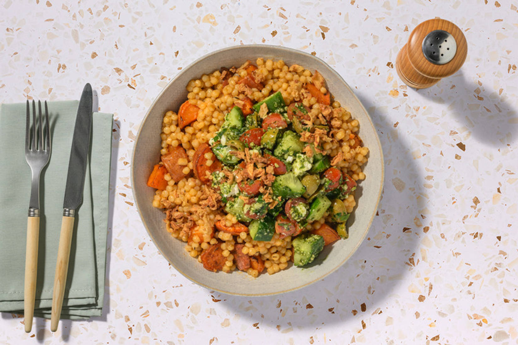 Double Greek Style Cheese and Pearled Couscous Grain Bowl