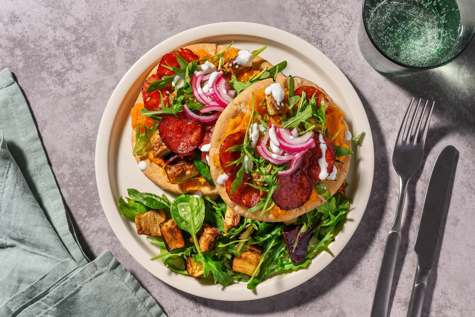 Chicken, Chorizo & Smashed Pumpkin Flatbreads