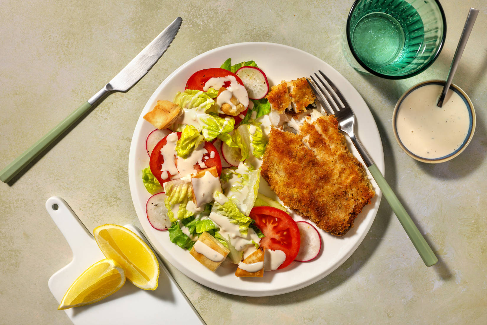 Quick Double Crumbed Fish & Lemony Cos Salad