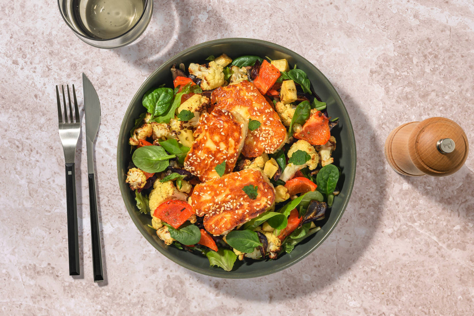 Greek-Style Sesame Halloumi & Roast Veggies