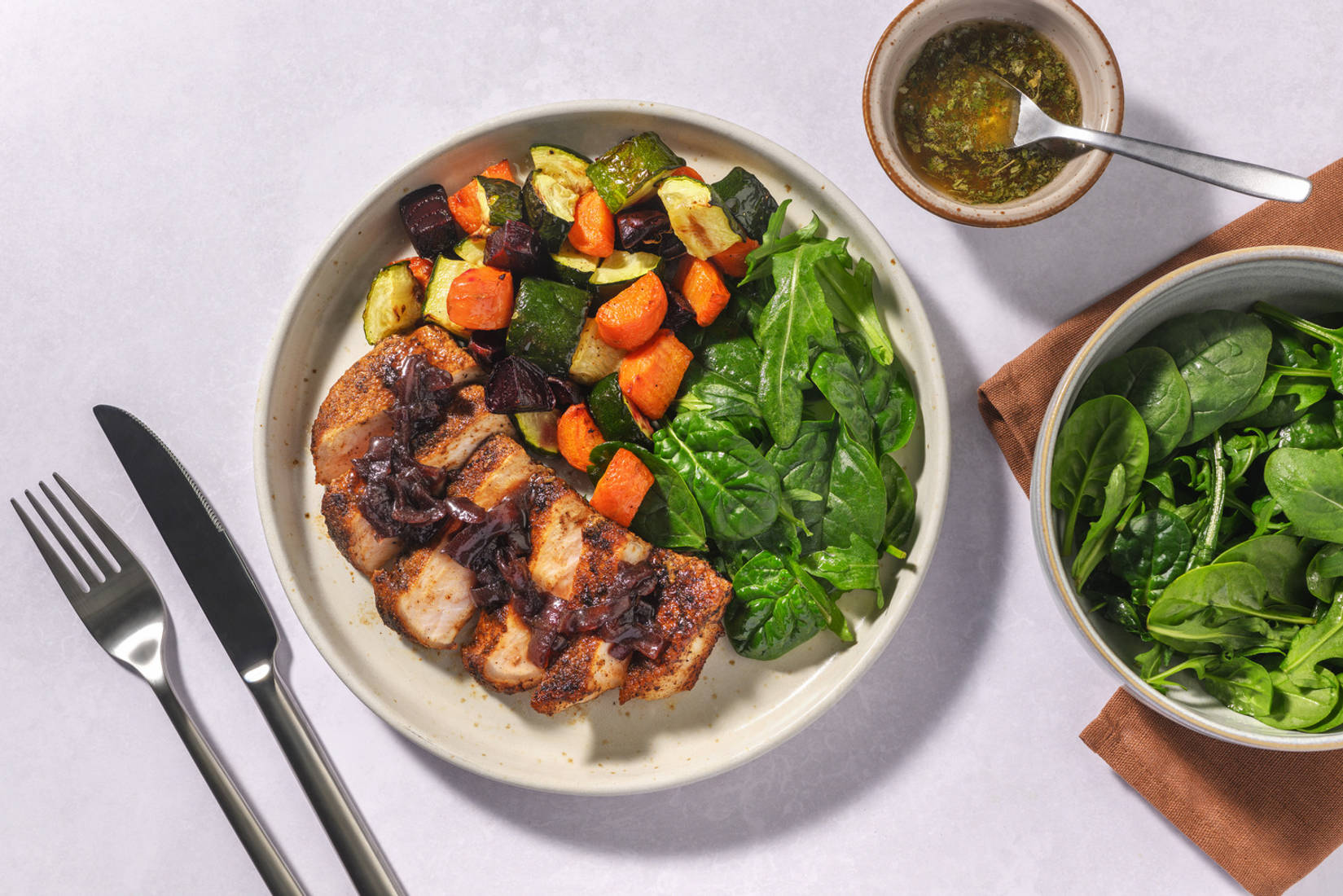 Sticky Onion-Topped Pork & Roast Veggies