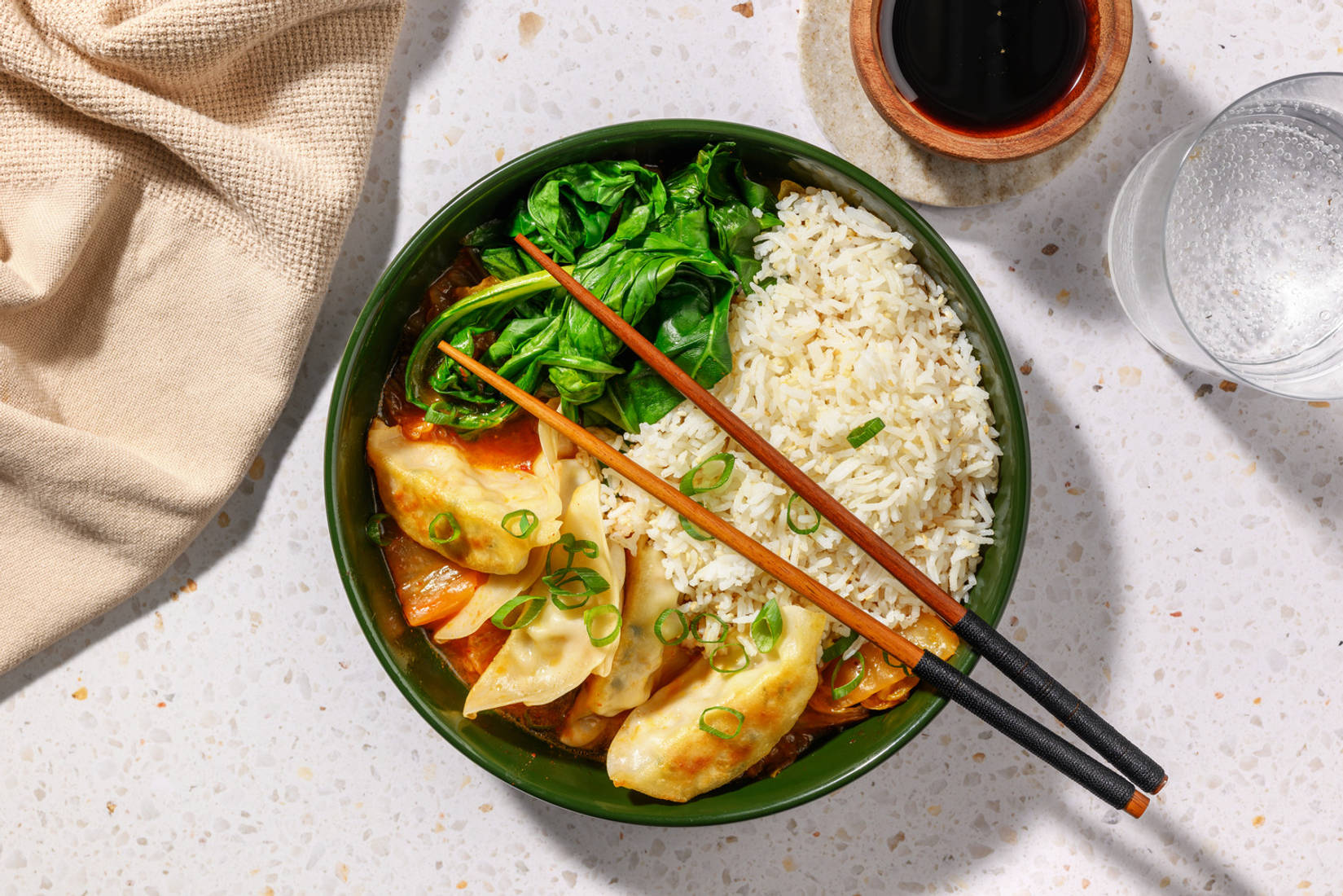 Pan-Seared Double Pork Dumplings & Kimchi Broth