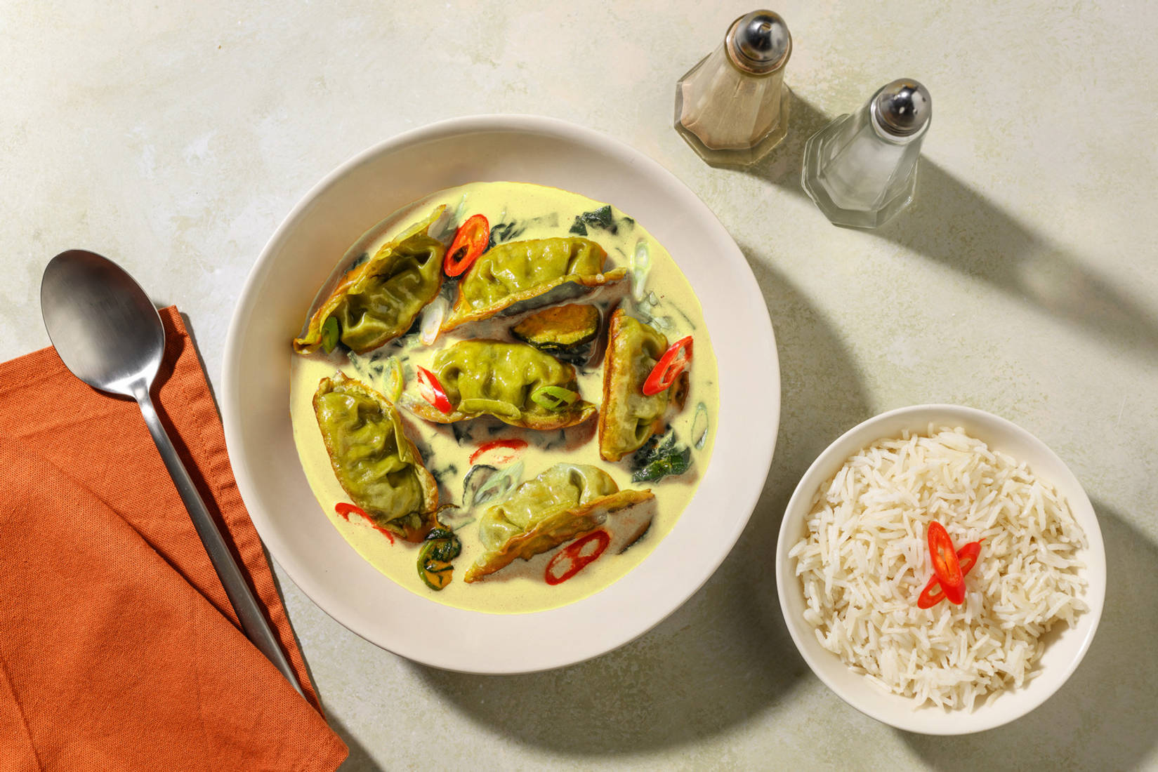 Veggie Dumplings & Prawns in Fragrant Green Curry
