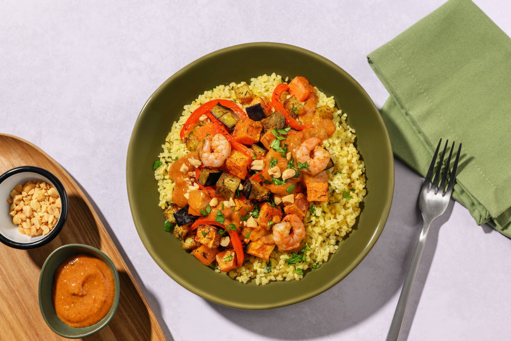 Nigerian Suya Inspired Peanut, Sweet Potato and Prawn Bowl