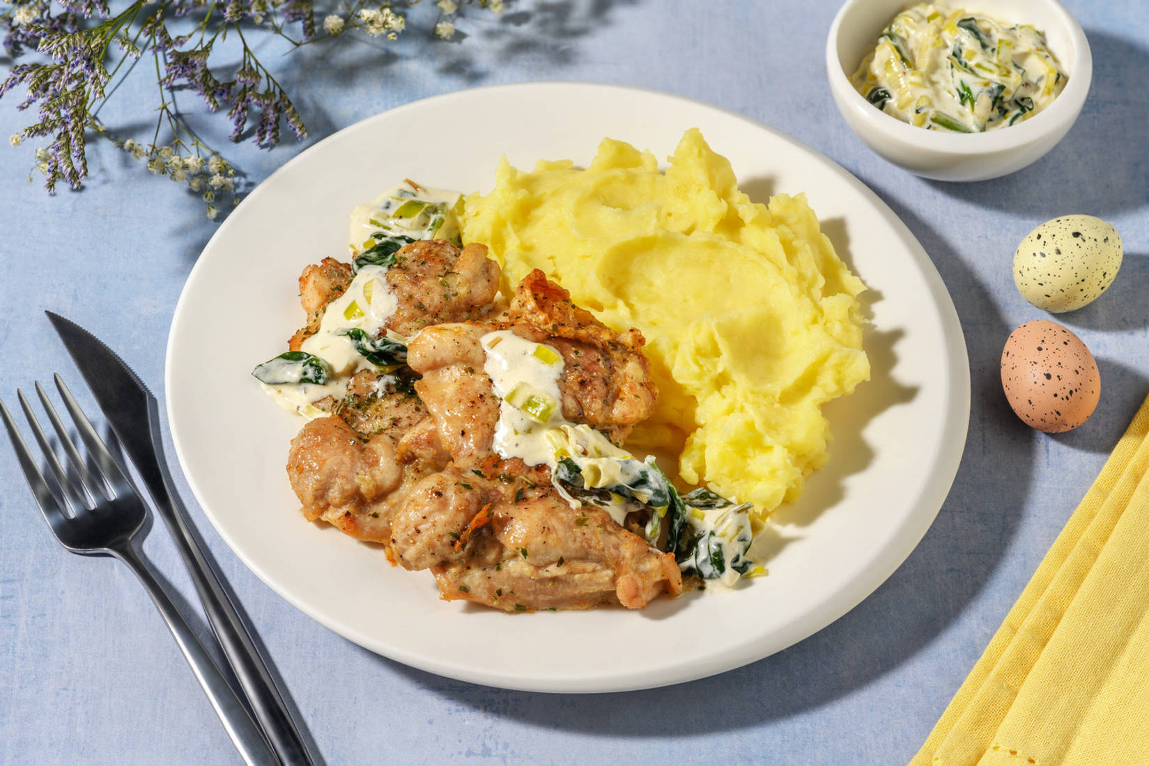 Double Roasted Chicken Thighs and Cheesy Leek Sauce