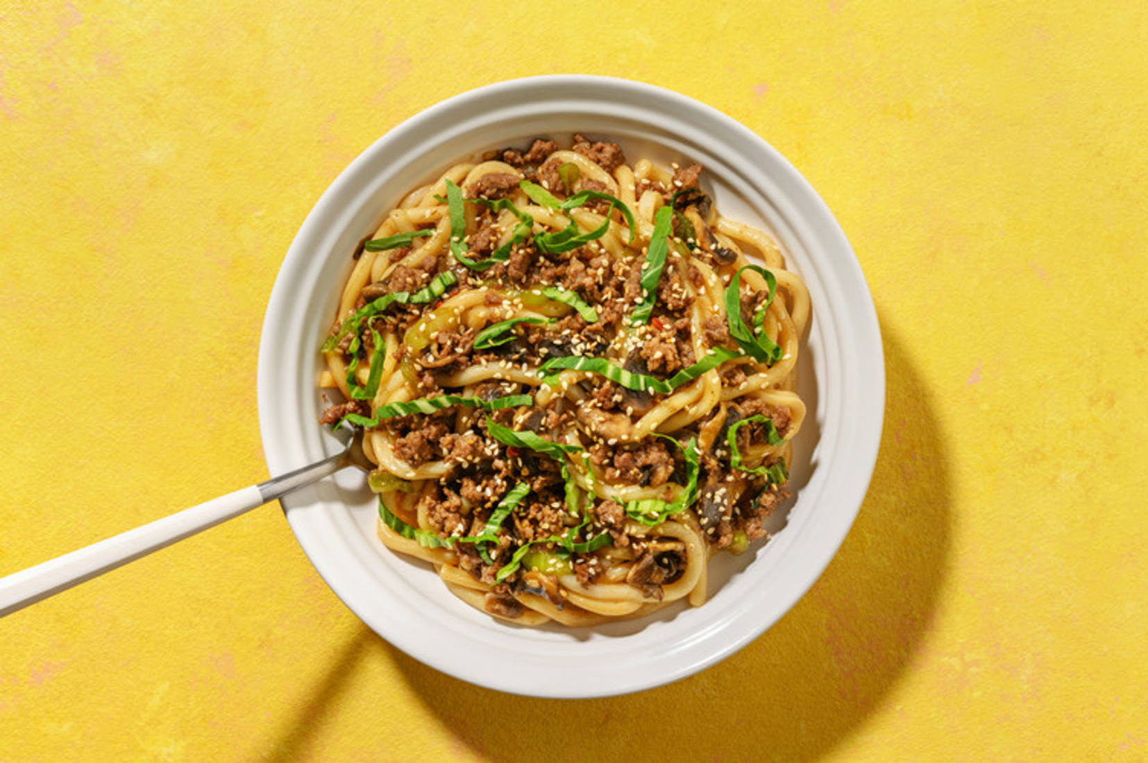 Japansk Yaki udon-nudlar och nötfärs