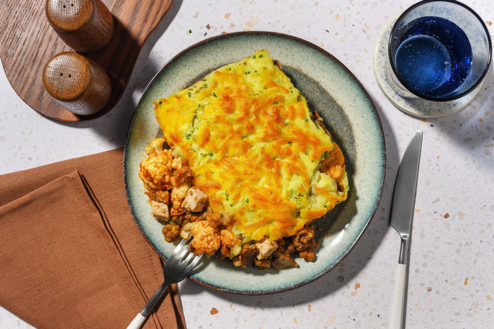 Cauliflower and Harissa Lentil Chicken Pie 