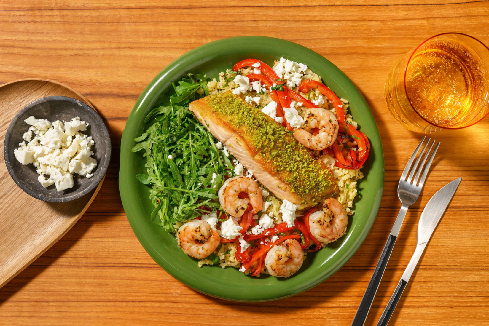 Sticky Pistachio Crusted Salmon and Prawn