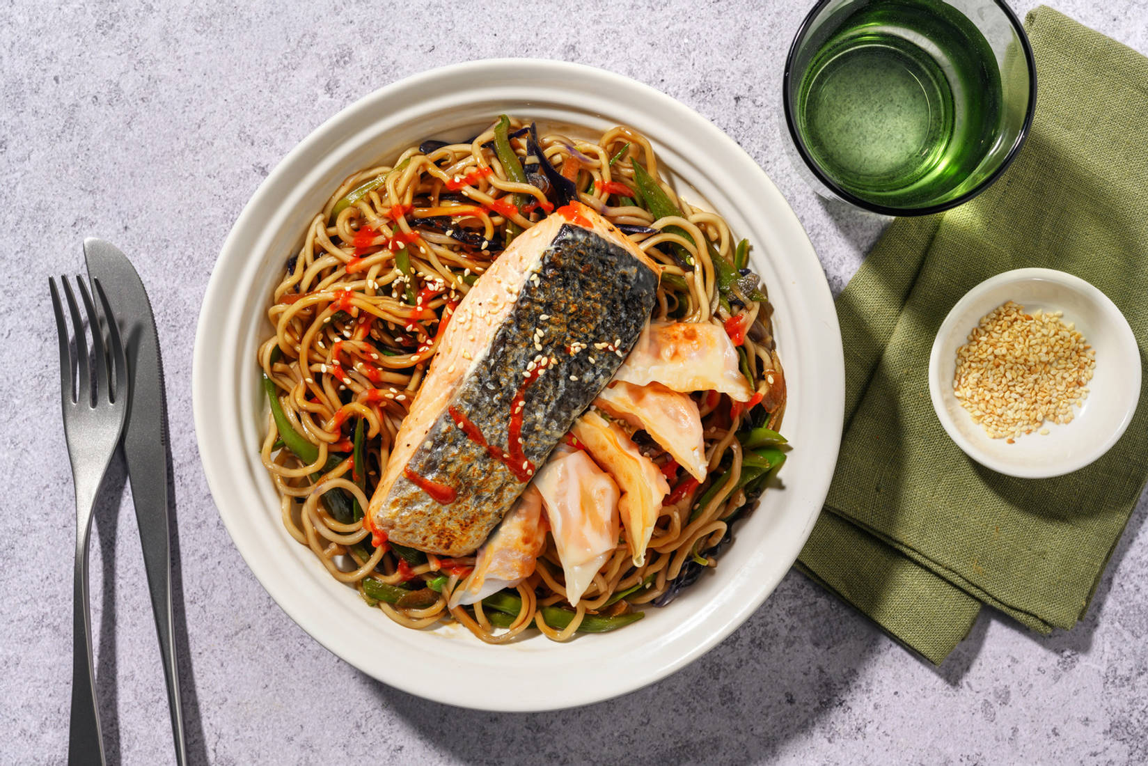 Quick and Easy Salmon and Vegetable Gyoza Noodle Bowl