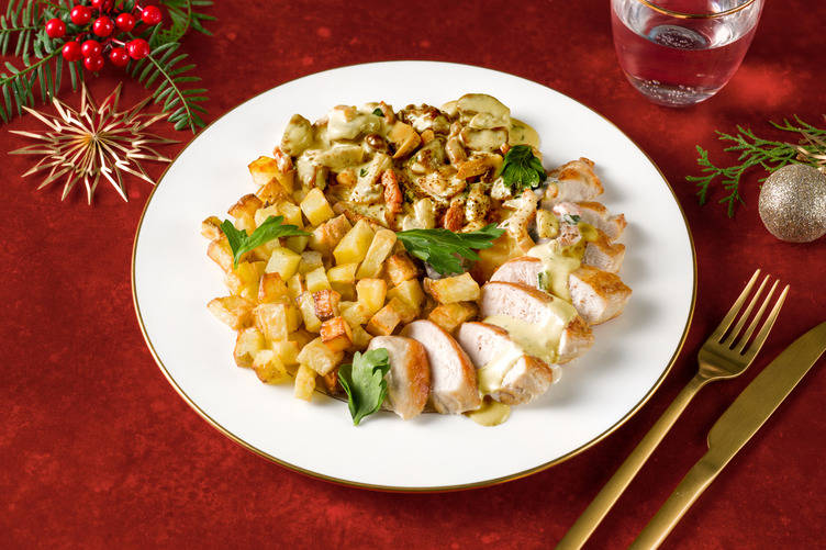 Poulet doré, sauce aux marrons & lardons