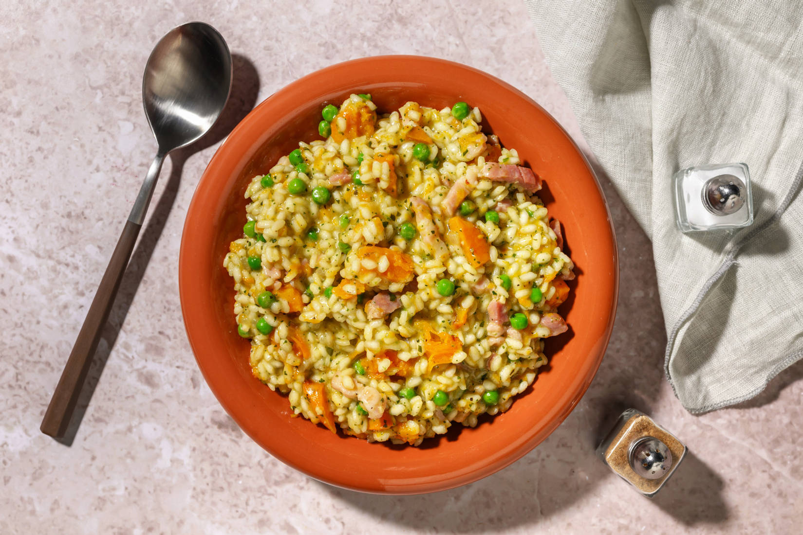 Oven-Baked Bacon, Butternut and Pea Risotto