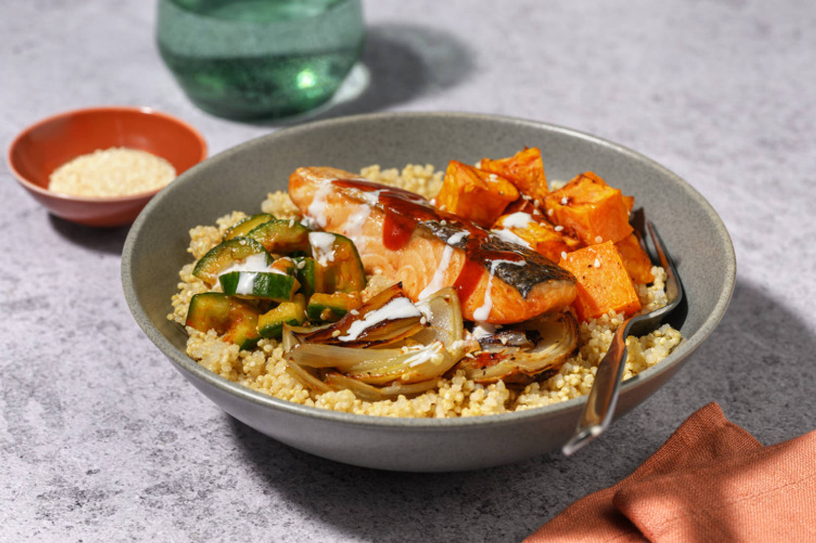 Gochujang Salmon Quinoa Poke Bowl with Prawns