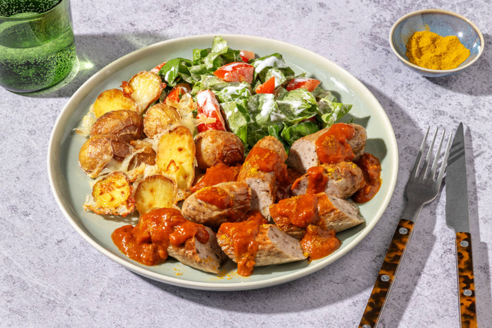 German Currywurst with Roast Baby Potatoes 