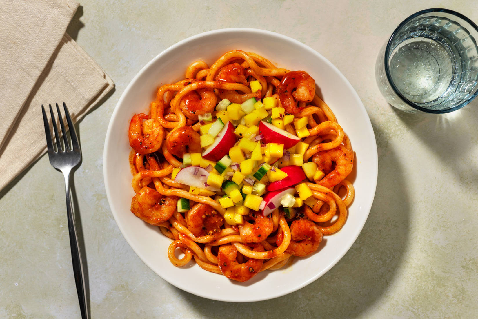 Korean Prawn and Mango Warm Noodle Salad with Tofu