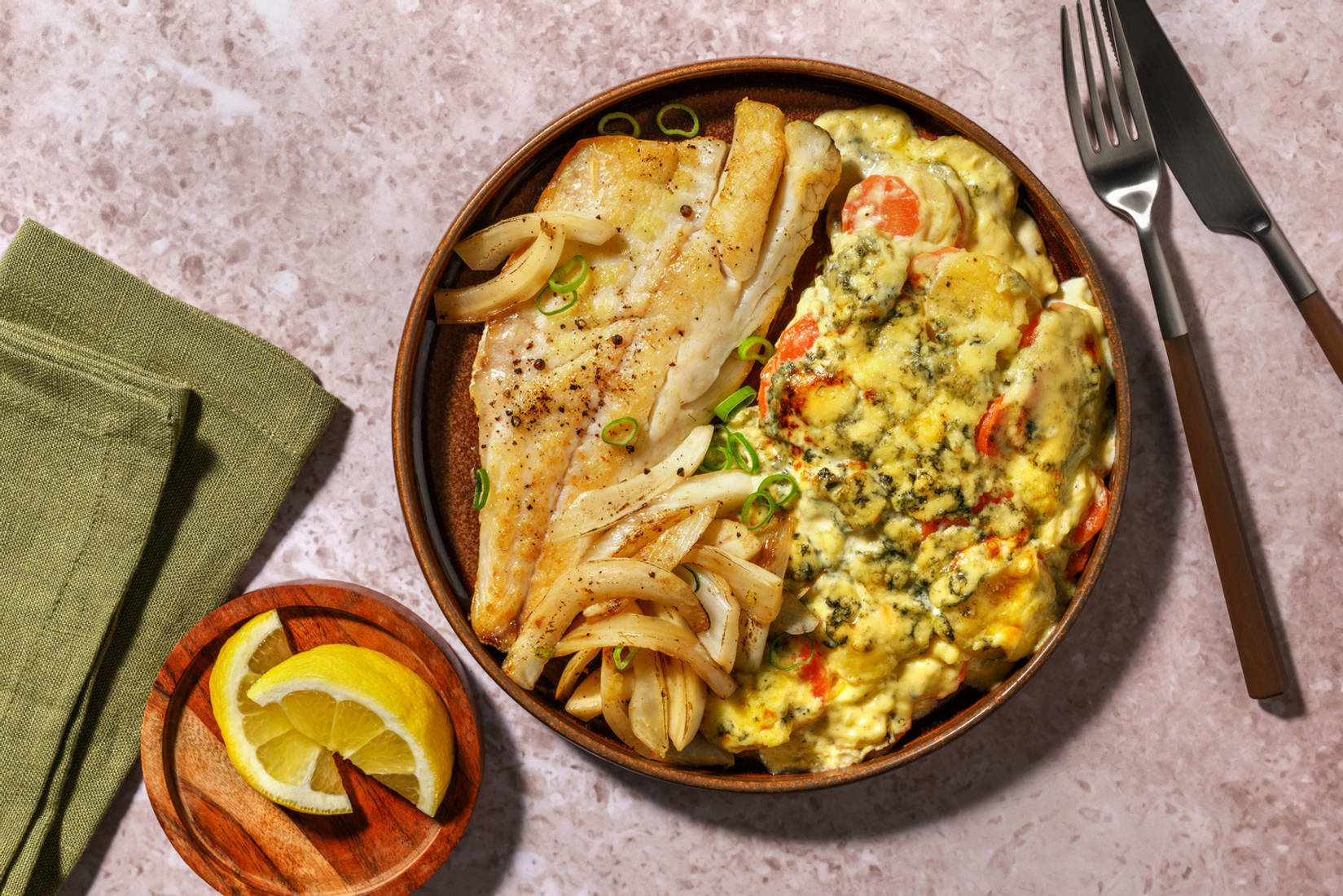 Basa with Cashel Blue® Cheese Dauphinoise with Prawns