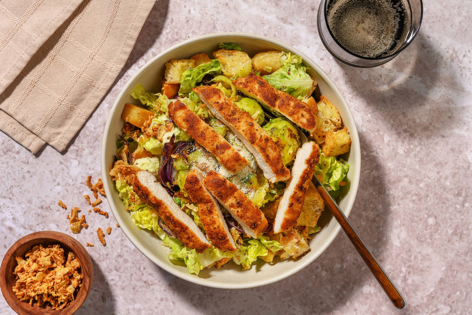 Crispy Smashed Sprout Chicken Caesar Style Salad