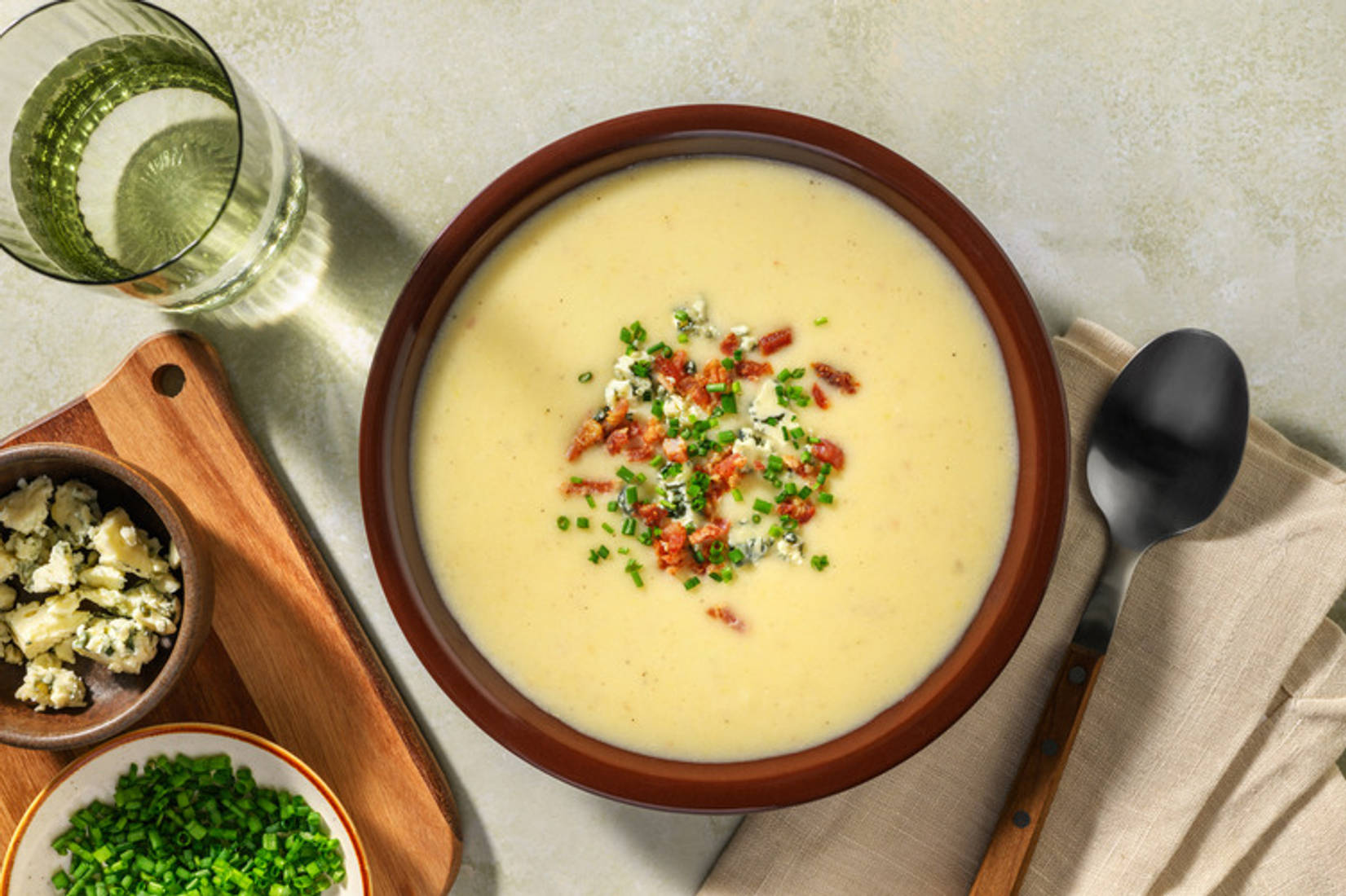 Leek and Potato Soup with Cashel Blue® Cheese and Chorizo
