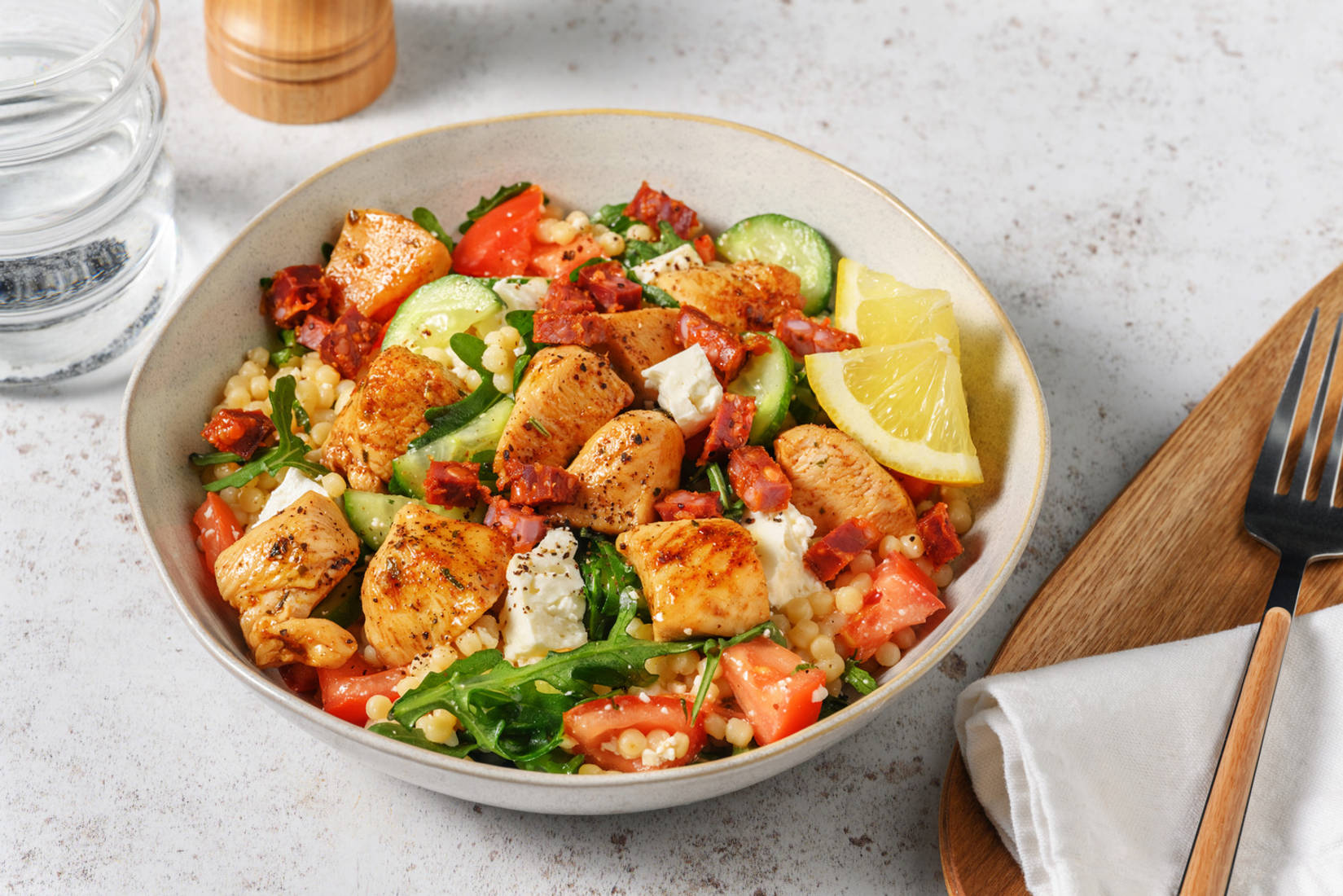 Chorizo, Herby Chicken and Pearl Couscous Salad