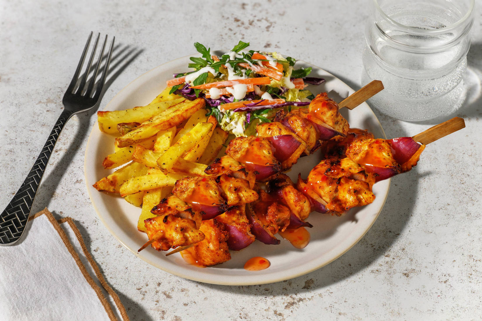 Red Thai Style Marinated Double Chicken Skewers and Chips