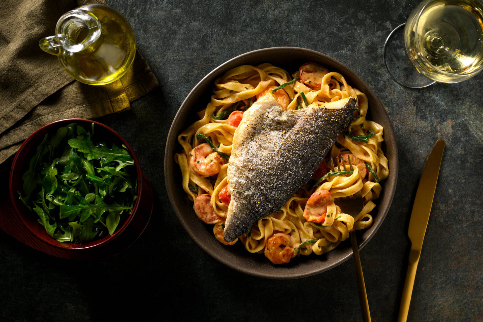 Crispy Sea Bream on King Prawn Tagliatelle