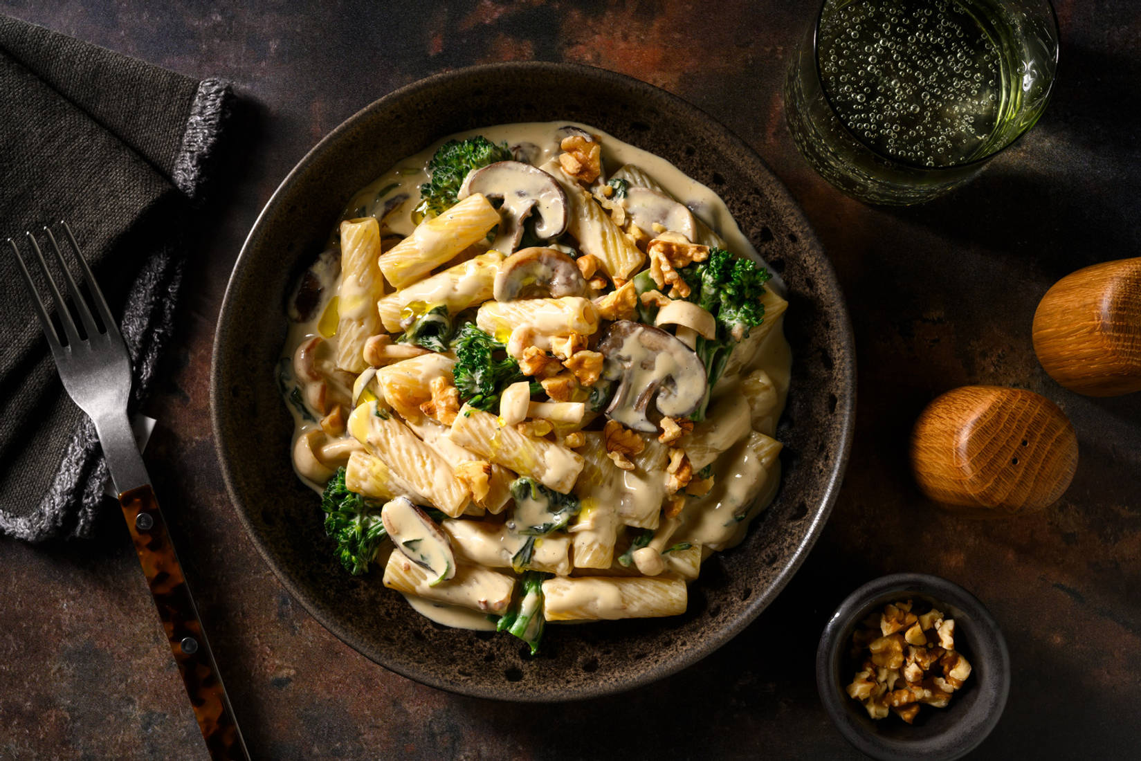 Romige rigatoni met champignons en blauwe kaas