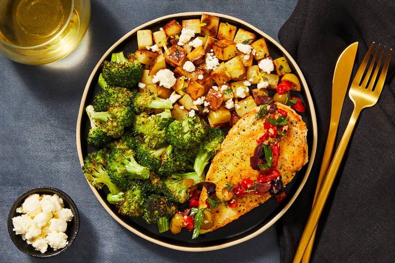 SuperQuick Roasted Organic Chicken with Broccoli and Lemon-Feta Potatoes