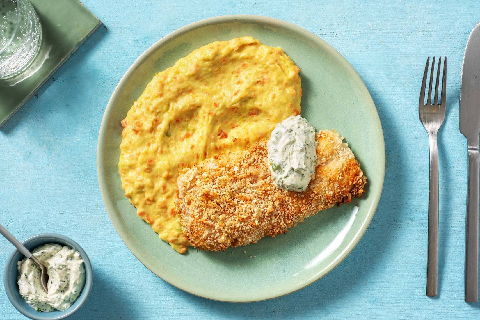 Backfisch mit buntem Gemüse-Stampf