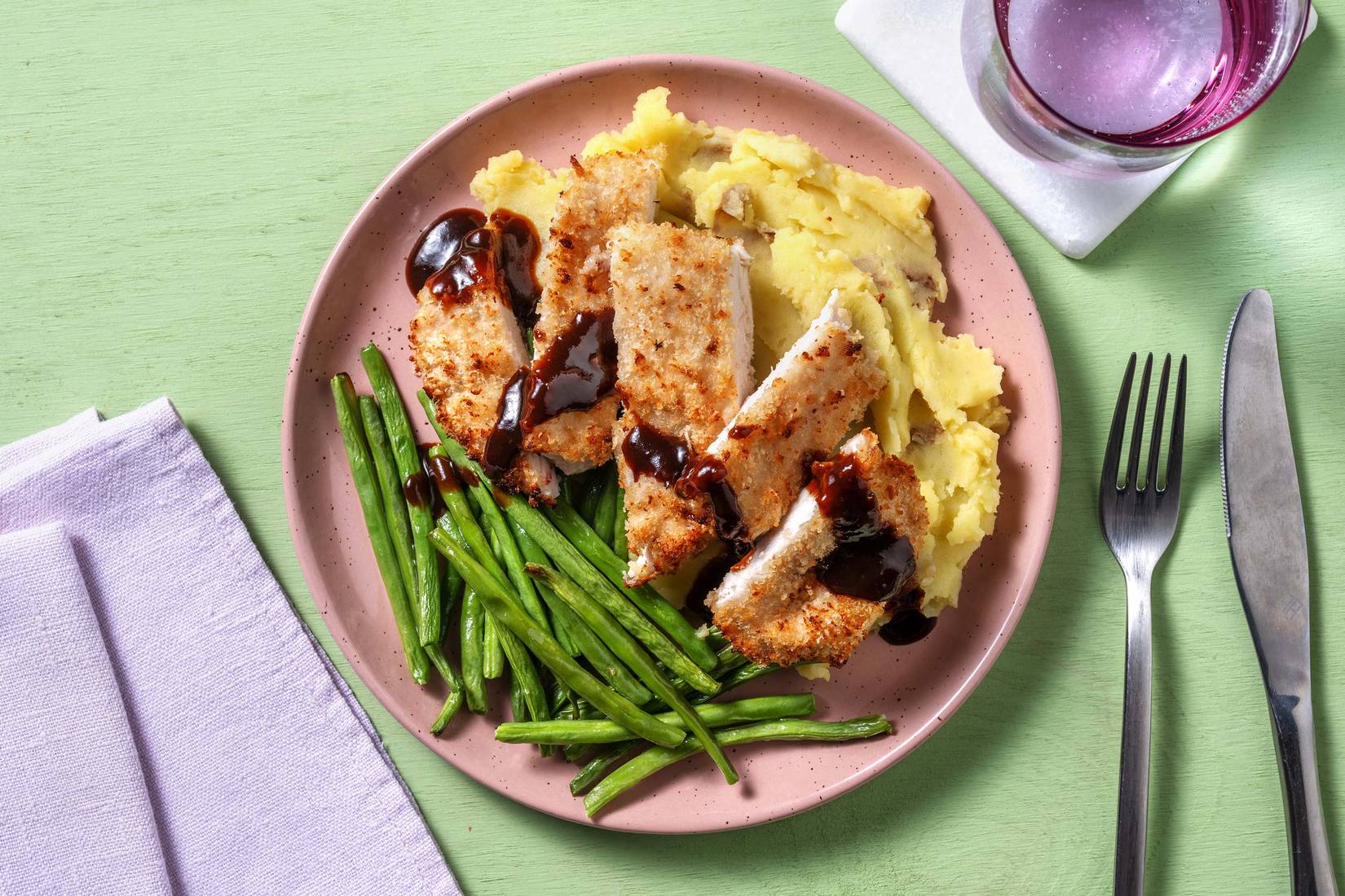 Breaded Chicken, Mash and Green Beans